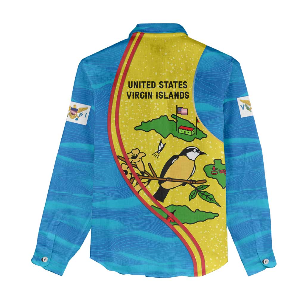 United States Virgin Islands Women Casual Shirt with Blue Yellow Wave Design and Island Map Bird - Wonder Print Shop