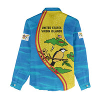 United States Virgin Islands Women Casual Shirt with Blue Yellow Wave Design and Island Map Bird - Wonder Print Shop