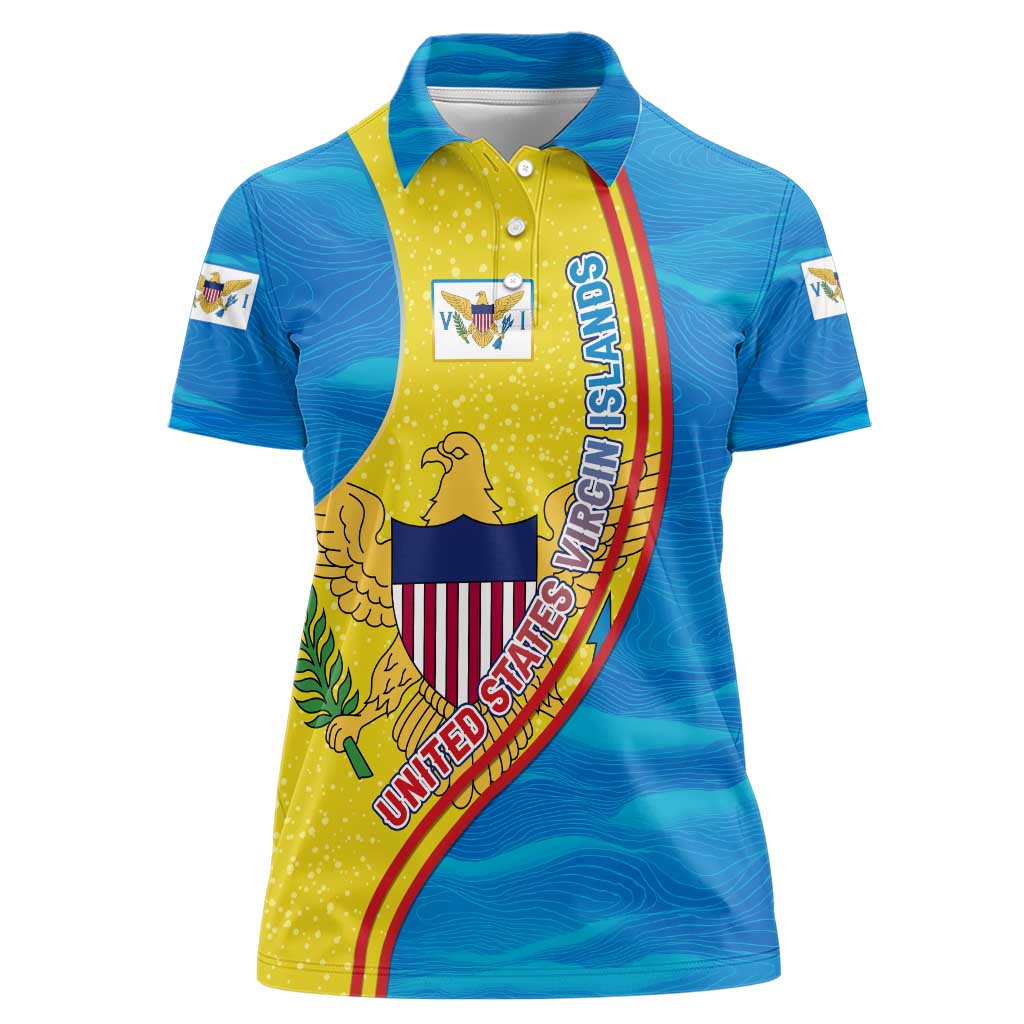 United States Virgin Islands Women Polo Shirt with Blue Yellow Wave Design and Island Map Bird - Wonder Print Shop