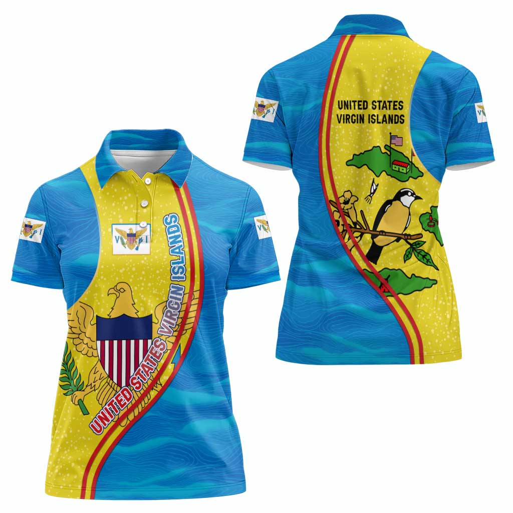 United States Virgin Islands Women Polo Shirt with Blue Yellow Wave Design and Island Map Bird - Wonder Print Shop