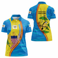 United States Virgin Islands Women Polo Shirt with Blue Yellow Wave Design and Island Map Bird - Wonder Print Shop