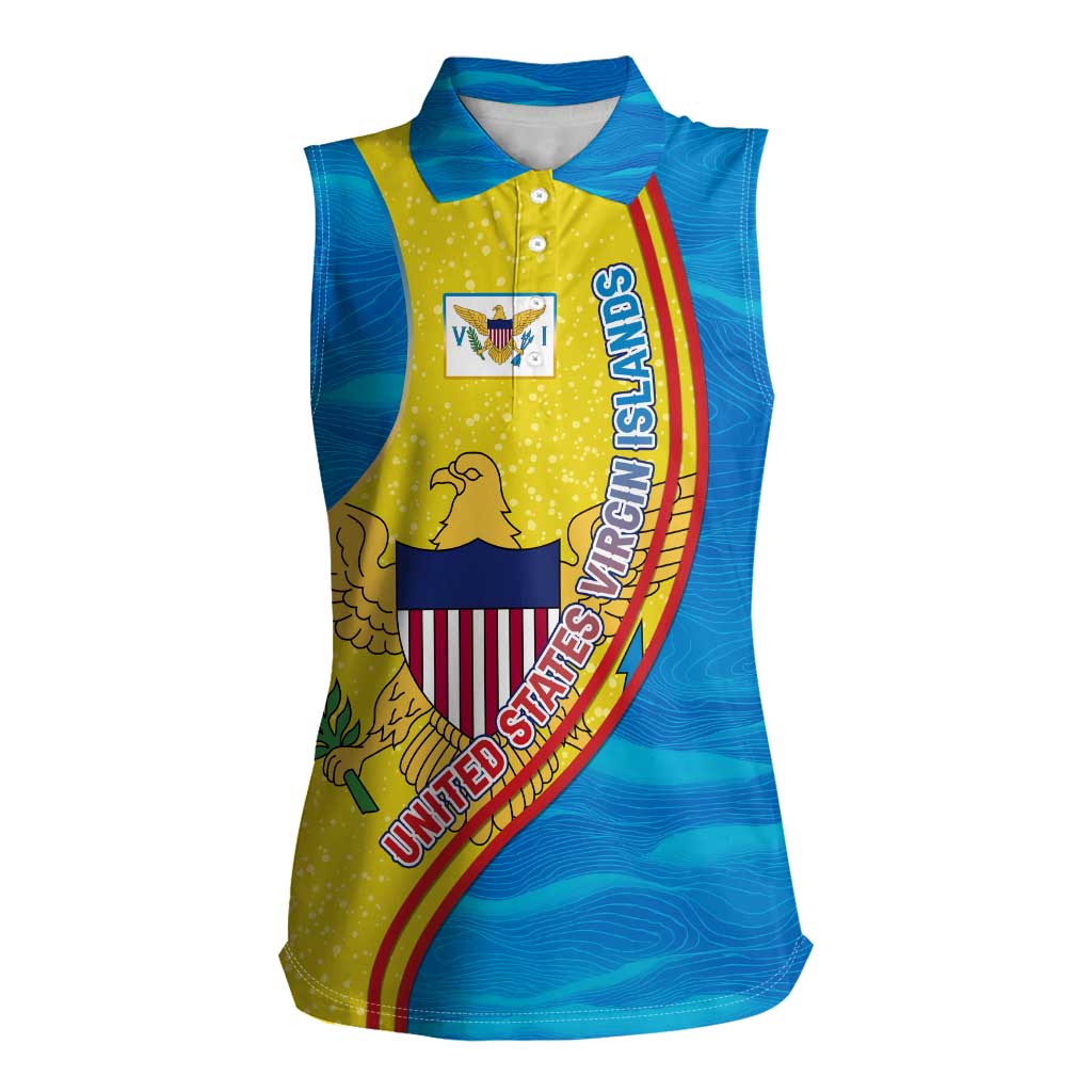 United States Virgin Islands Women Sleeveless Polo Shirt with Blue Yellow Wave Design and Island Map Bird - Wonder Print Shop