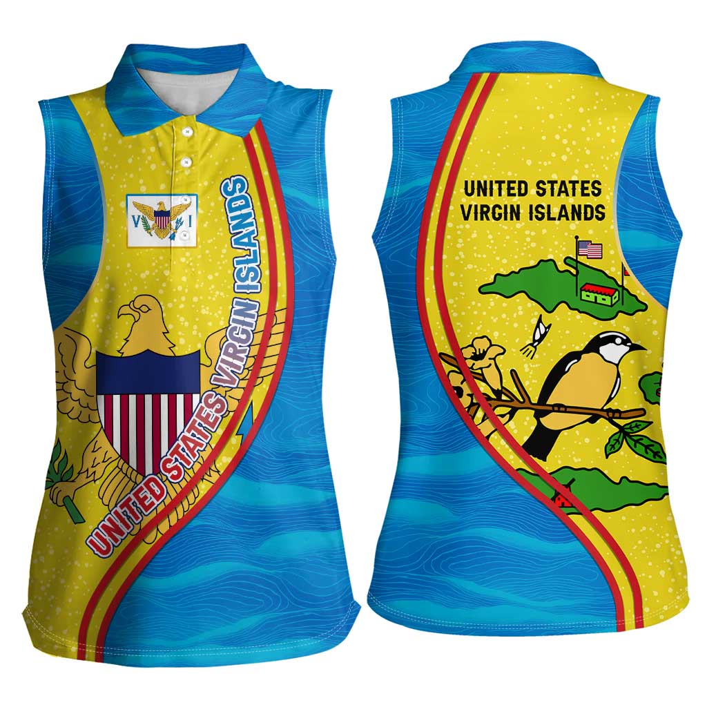 United States Virgin Islands Women Sleeveless Polo Shirt with Blue Yellow Wave Design and Island Map Bird - Wonder Print Shop