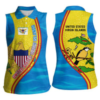 United States Virgin Islands Women Sleeveless Polo Shirt with Blue Yellow Wave Design and Island Map Bird - Wonder Print Shop