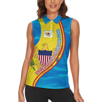 United States Virgin Islands Women Sleeveless Polo Shirt with Blue Yellow Wave Design and Island Map Bird - Wonder Print Shop