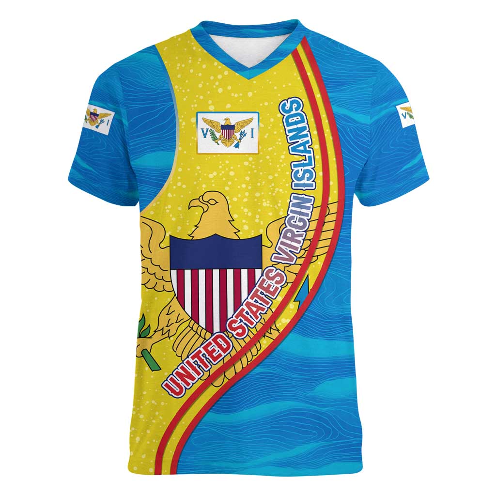 United States Virgin Islands Women V-Neck T-Shirt with Blue Yellow Wave Design and Island Map Bird - Wonder Print Shop