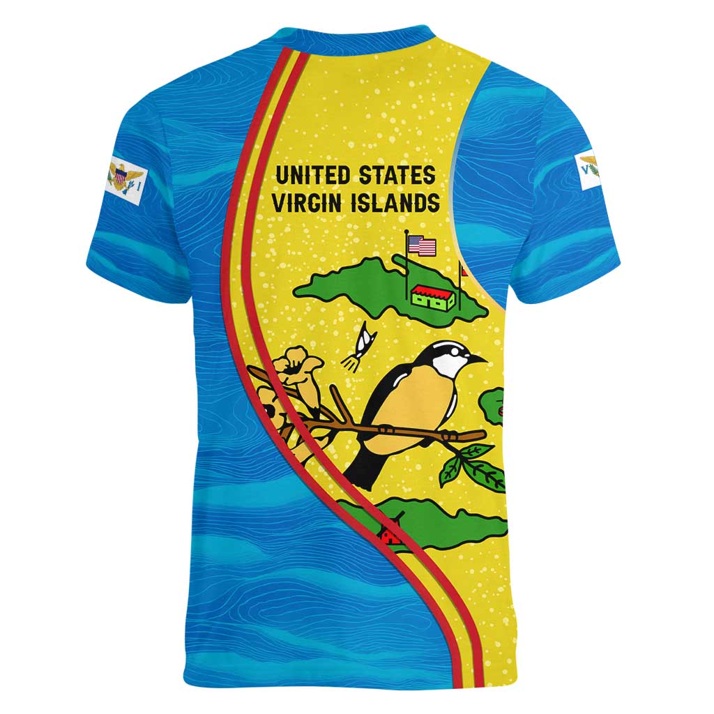 United States Virgin Islands Women V-Neck T-Shirt with Blue Yellow Wave Design and Island Map Bird - Wonder Print Shop