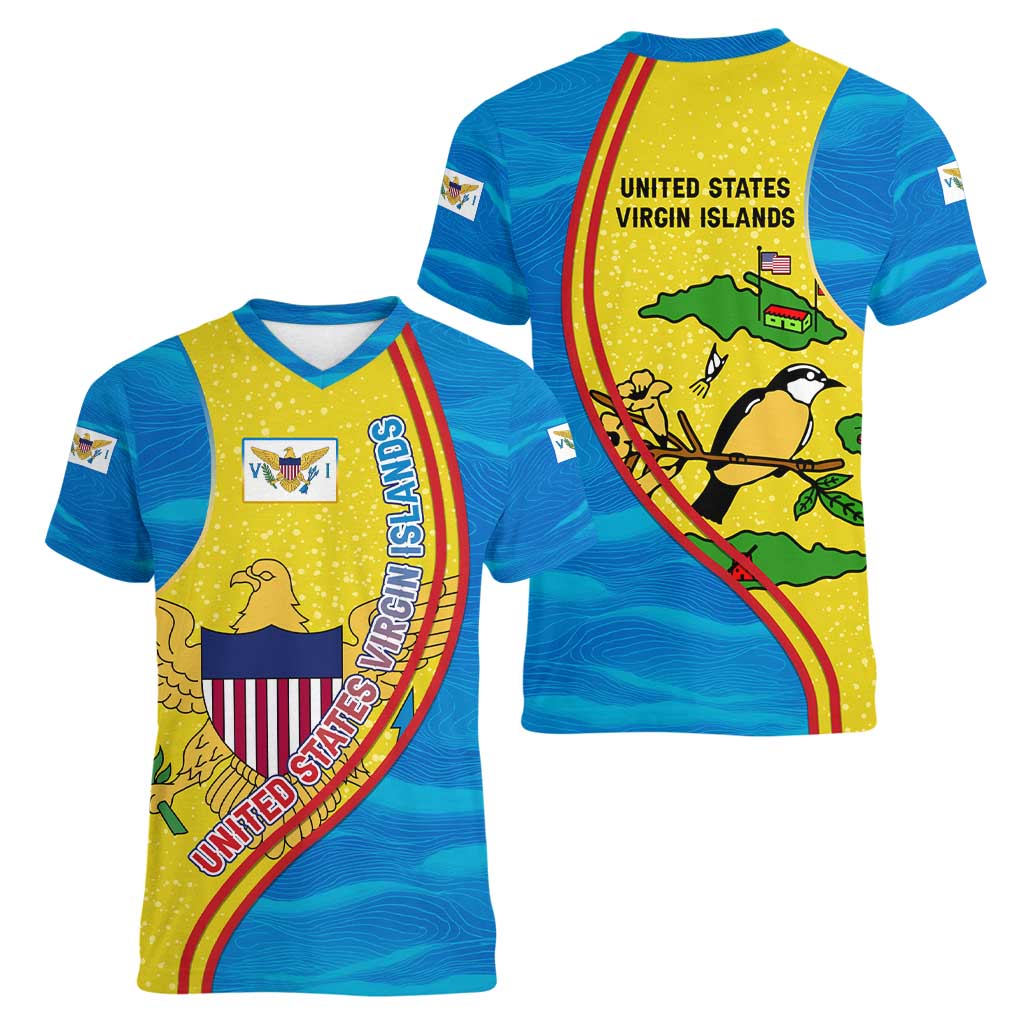 United States Virgin Islands Women V-Neck T-Shirt with Blue Yellow Wave Design and Island Map Bird - Wonder Print Shop