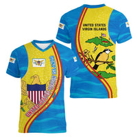 United States Virgin Islands Women V-Neck T-Shirt with Blue Yellow Wave Design and Island Map Bird - Wonder Print Shop
