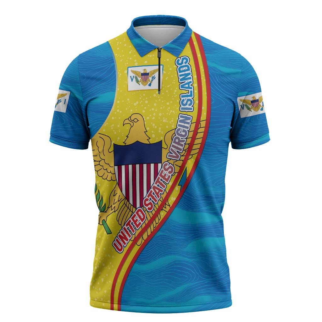 United States Virgin Islands Zipper Polo Shirt with Blue Yellow Wave Design and Island Map Bird - Wonder Print Shop