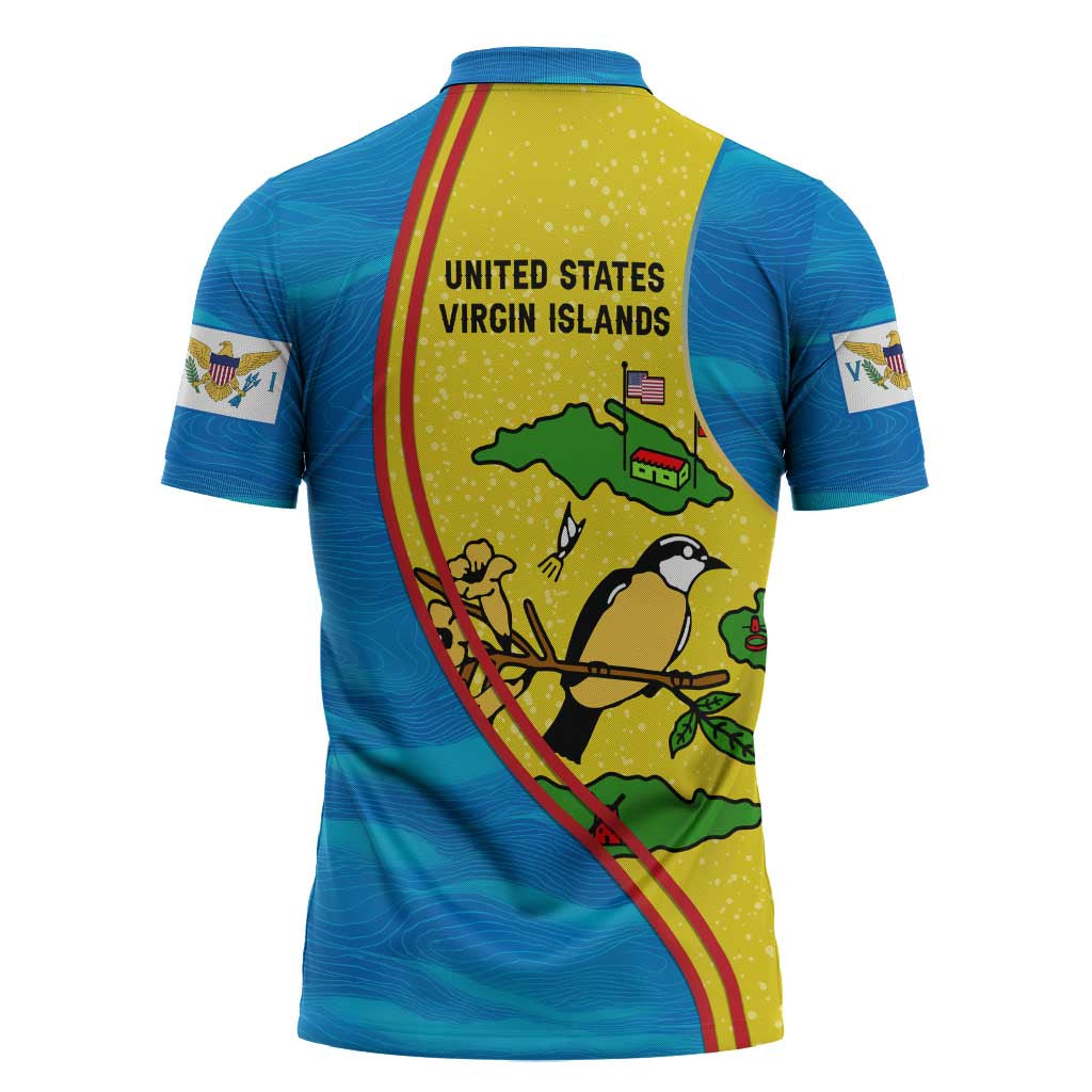United States Virgin Islands Zipper Polo Shirt with Blue Yellow Wave Design and Island Map Bird - Wonder Print Shop