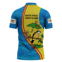 United States Virgin Islands Zipper Polo Shirt with Blue Yellow Wave Design and Island Map Bird - Wonder Print Shop