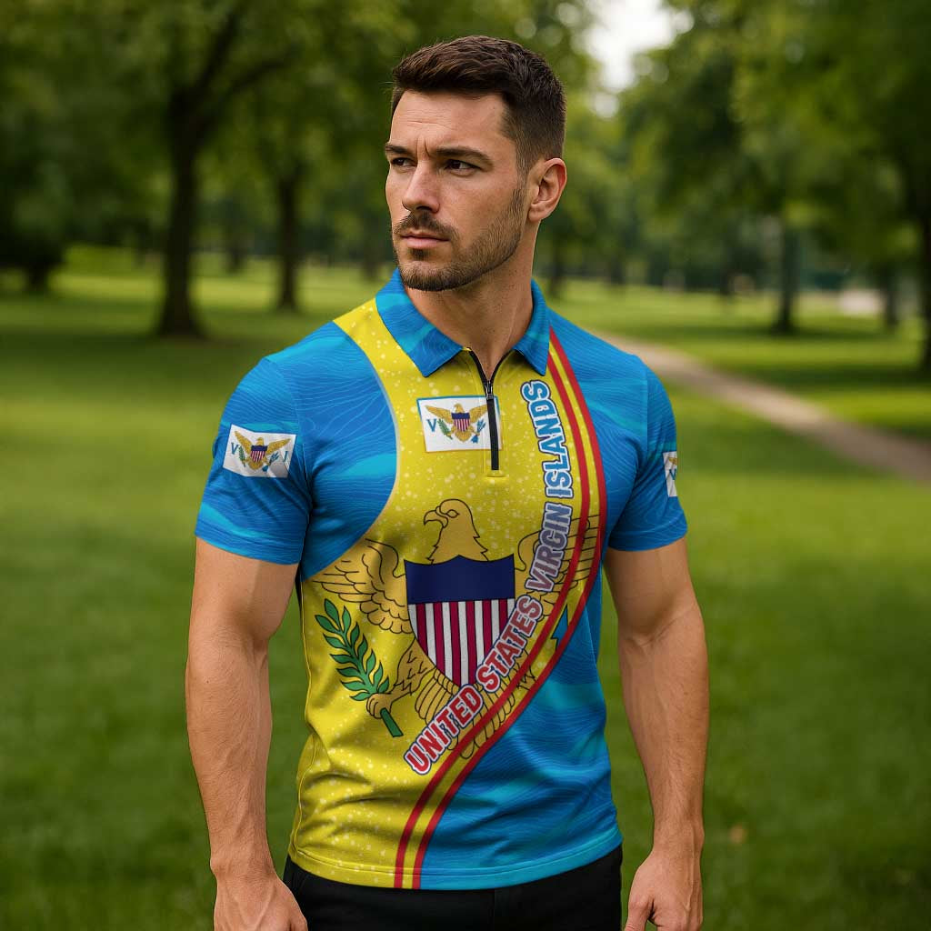 United States Virgin Islands Zipper Polo Shirt with Blue Yellow Wave Design and Island Map Bird - Wonder Print Shop