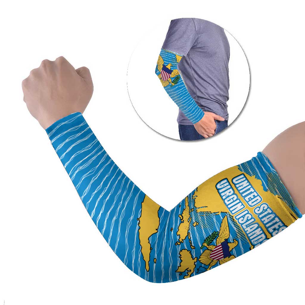 United States Virgin Islands Arm Sleeves with Blue Yellow Ocean Design and Eagle Map Pattern - Wonder Print Shop