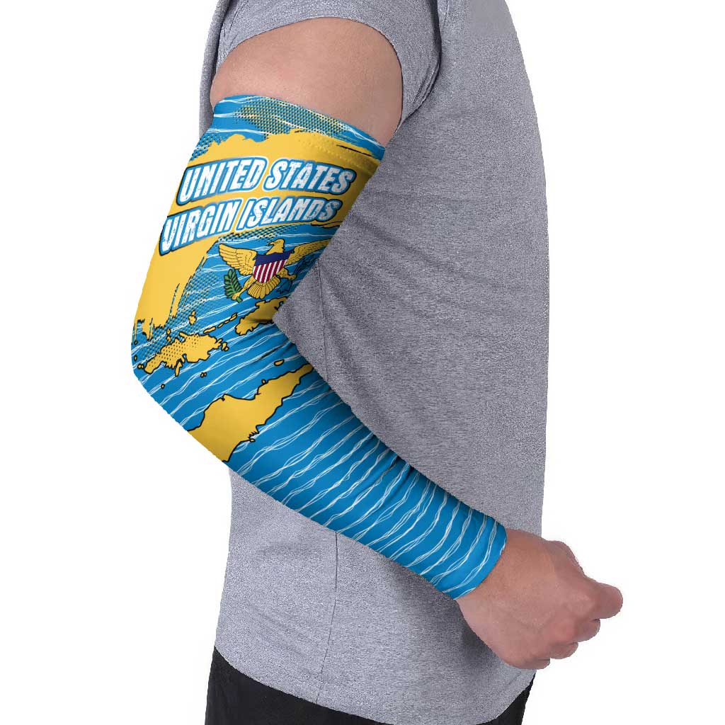United States Virgin Islands Arm Sleeves with Blue Yellow Ocean Design and Eagle Map Pattern - Wonder Print Shop