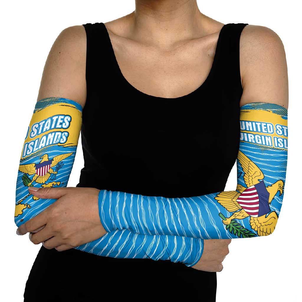 United States Virgin Islands Arm Sleeves with Blue Yellow Ocean Design and Eagle Map Pattern - Wonder Print Shop