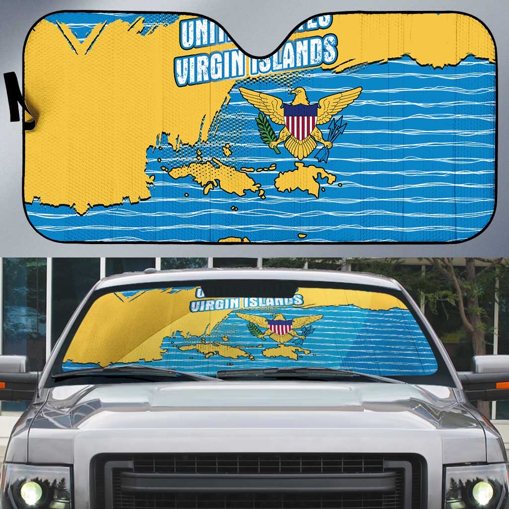 United States Virgin Islands Auto Sun Shade with Blue Yellow Ocean Design and Eagle Map Pattern - Wonder Print Shop