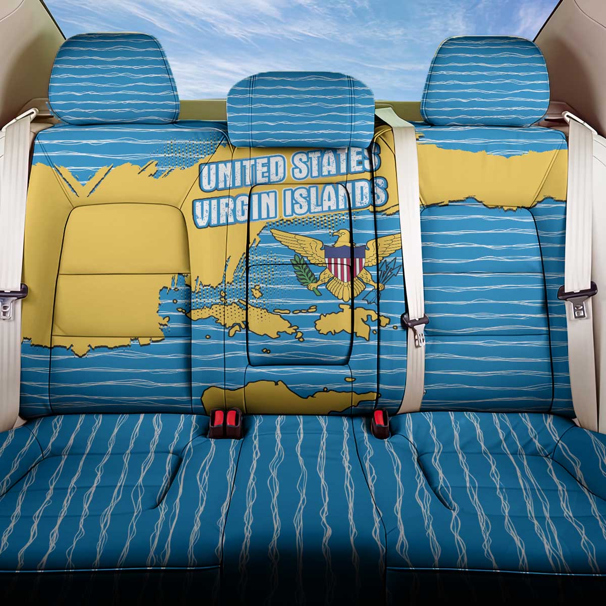 United States Virgin Islands Back Car Seat Cover with Blue Yellow Ocean Design and Eagle Map Pattern - Wonder Print Shop