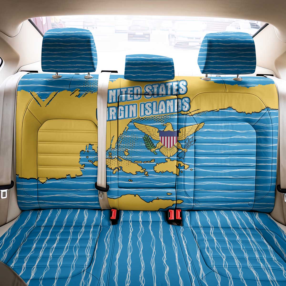 United States Virgin Islands Back Car Seat Cover with Blue Yellow Ocean Design and Eagle Map Pattern - Wonder Print Shop