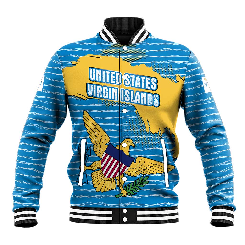 United States Virgin Islands Baseball Jacket with Blue Yellow Ocean Design and Eagle Map Pattern - Wonder Print Shop