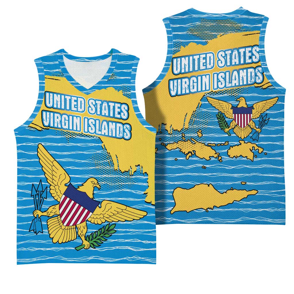 United States Virgin Islands Basketball Jersey with Blue Yellow Ocean Design and Eagle Map Pattern - Wonder Print Shop