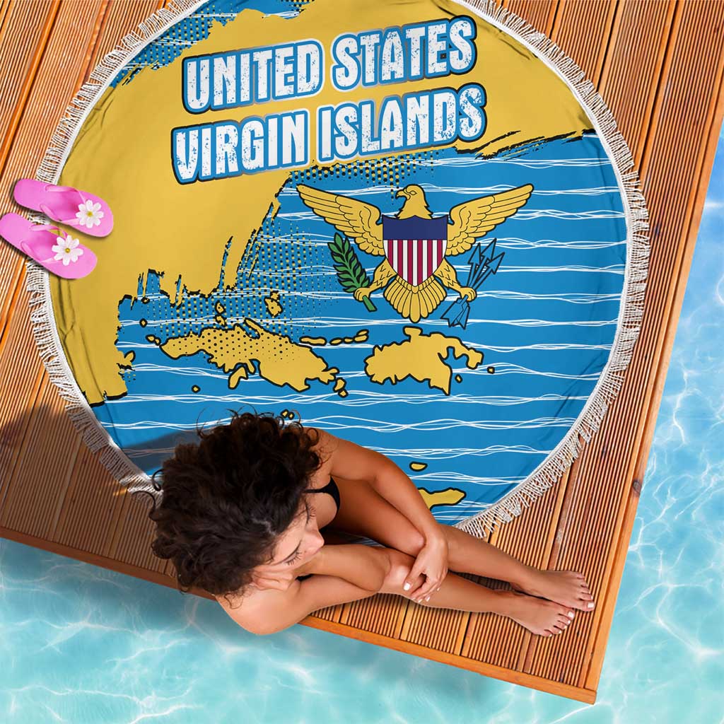 United States Virgin Islands Beach Blanket with Blue Yellow Ocean Design and Eagle Map Pattern - Wonder Print Shop