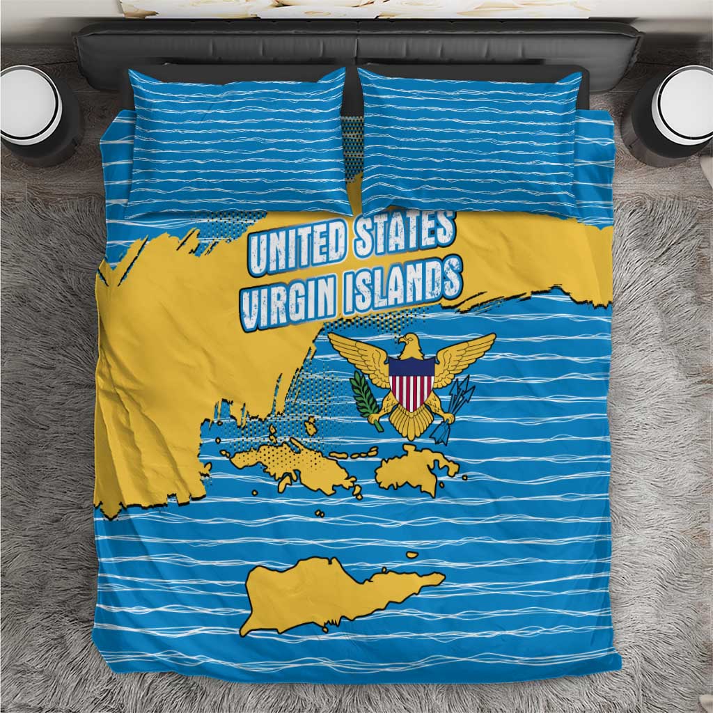 United States Virgin Islands Bedding Set with Blue Yellow Ocean Design and Eagle Map Pattern - Wonder Print Shop
