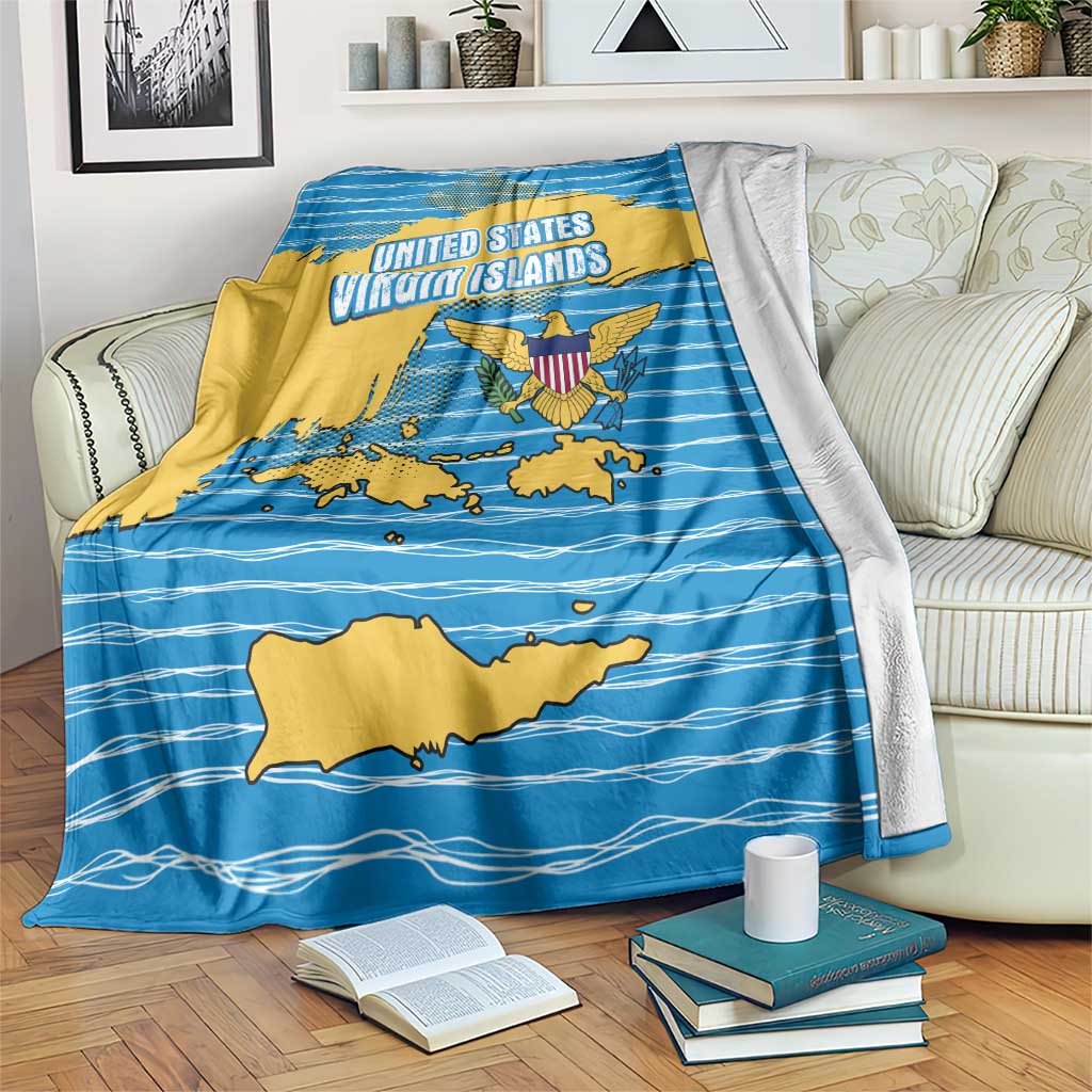United States Virgin Islands Blanket with Blue Yellow Ocean Design and Eagle Map Pattern - Wonder Print Shop