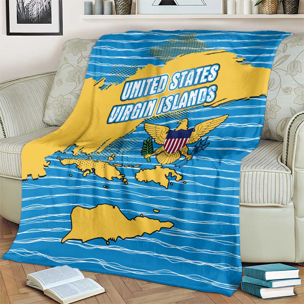 United States Virgin Islands Blanket with Blue Yellow Ocean Design and Eagle Map Pattern - Wonder Print Shop