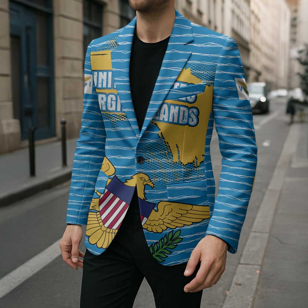 United States Virgin Islands Blazer with Blue Yellow Ocean Design and Eagle Map Pattern - Wonder Print Shop