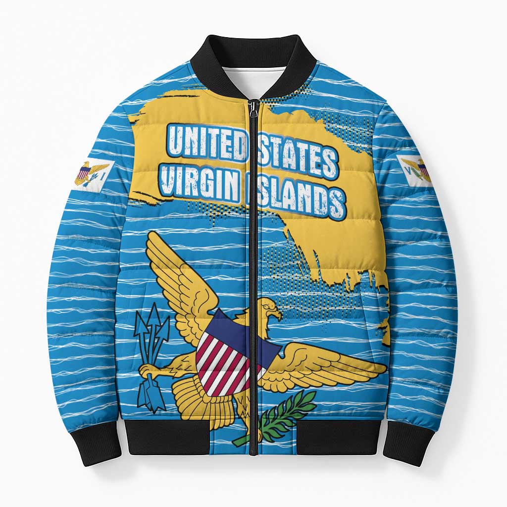 United States Virgin Islands Bomber Puffer Jacket with Blue Yellow Ocean Design and Eagle Map Pattern - Wonder Print Shop