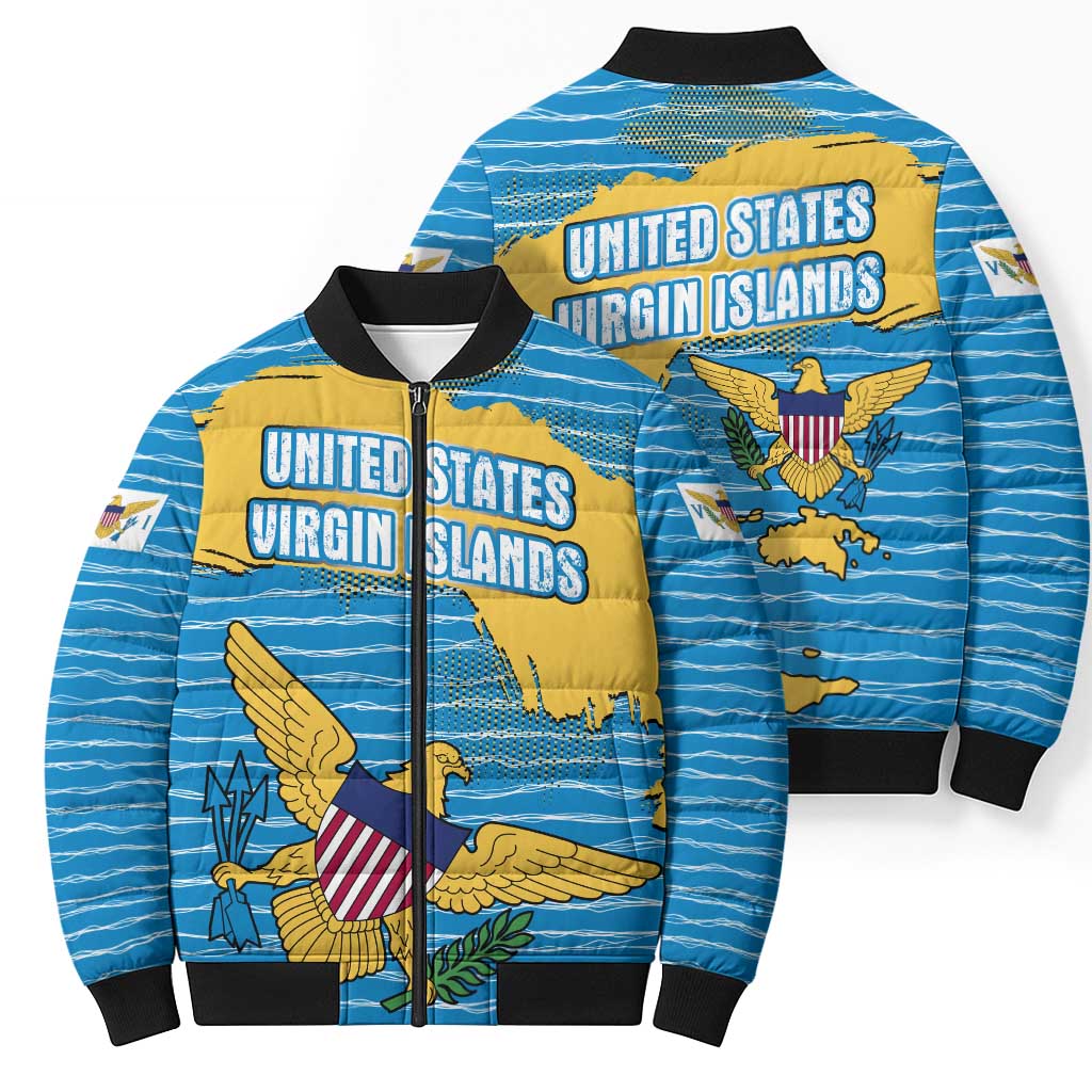 United States Virgin Islands Bomber Puffer Jacket with Blue Yellow Ocean Design and Eagle Map Pattern - Wonder Print Shop