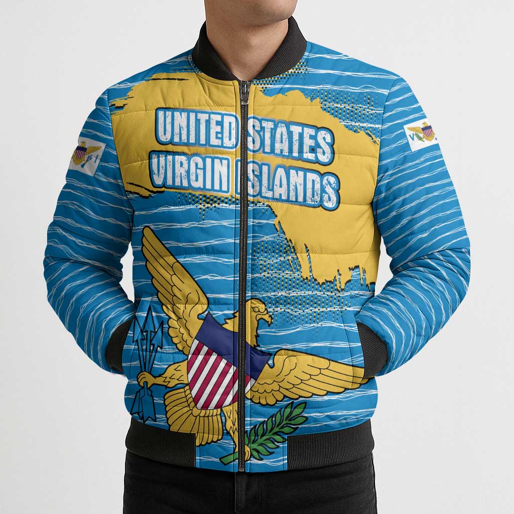 United States Virgin Islands Bomber Puffer Jacket with Blue Yellow Ocean Design and Eagle Map Pattern - Wonder Print Shop