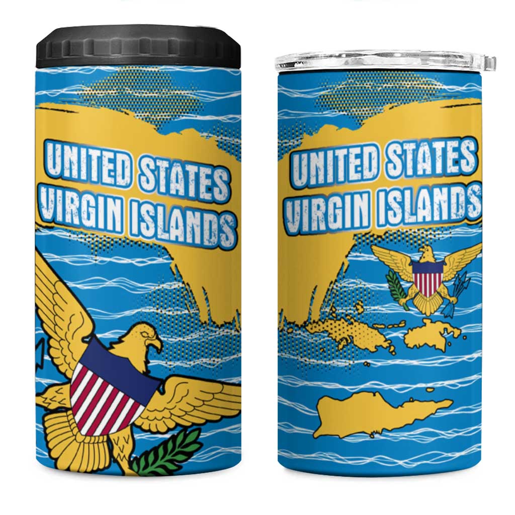 United States Virgin Islands 4 in 1 Can Cooler Tumbler with Blue Yellow Ocean Design and Eagle Map Pattern - Wonder Print Shop