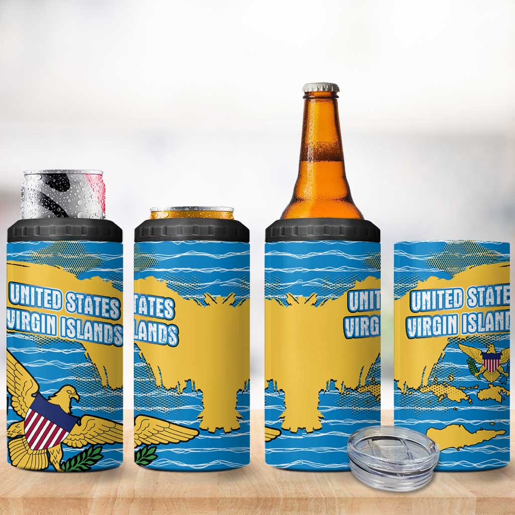 United States Virgin Islands 4 in 1 Can Cooler Tumbler with Blue Yellow Ocean Design and Eagle Map Pattern - Wonder Print Shop