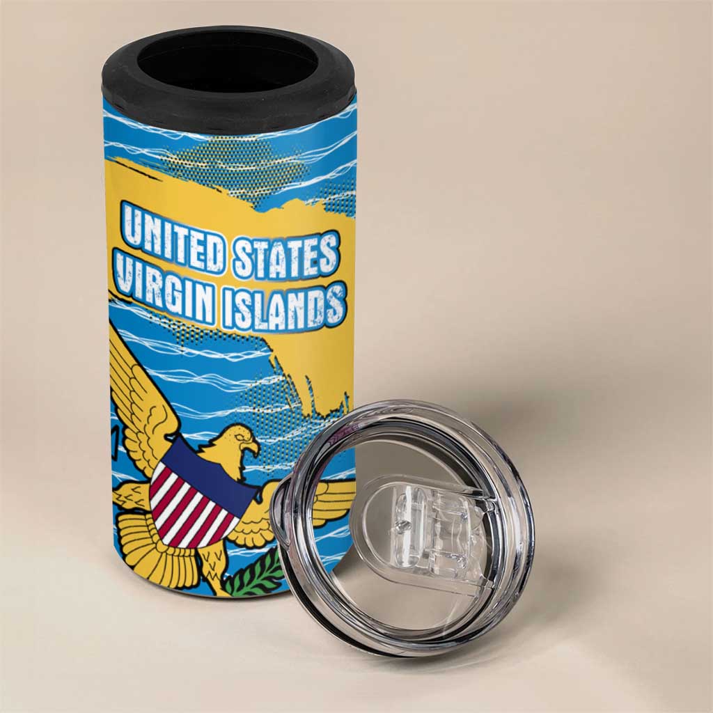 United States Virgin Islands 4 in 1 Can Cooler Tumbler with Blue Yellow Ocean Design and Eagle Map Pattern - Wonder Print Shop