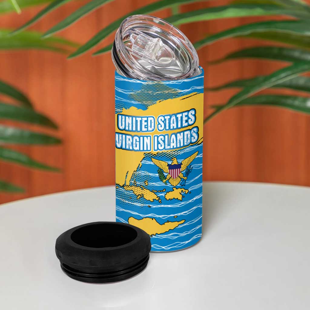 United States Virgin Islands 4 in 1 Can Cooler Tumbler with Blue Yellow Ocean Design and Eagle Map Pattern - Wonder Print Shop