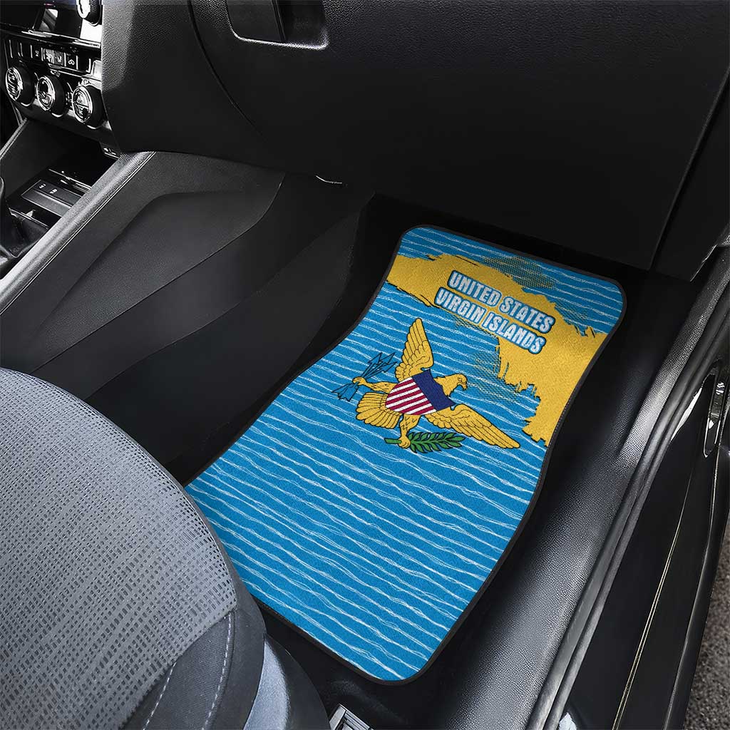 United States Virgin Islands Car Mats with Blue Yellow Ocean Design and Eagle Map Pattern - Wonder Print Shop