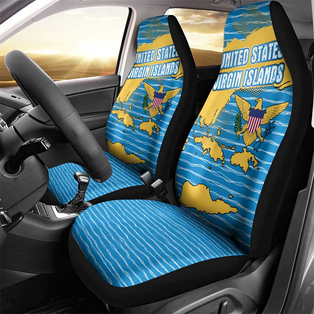 United States Virgin Islands Car Seat Cover with Blue Yellow Ocean Design and Eagle Map Pattern - Wonder Print Shop