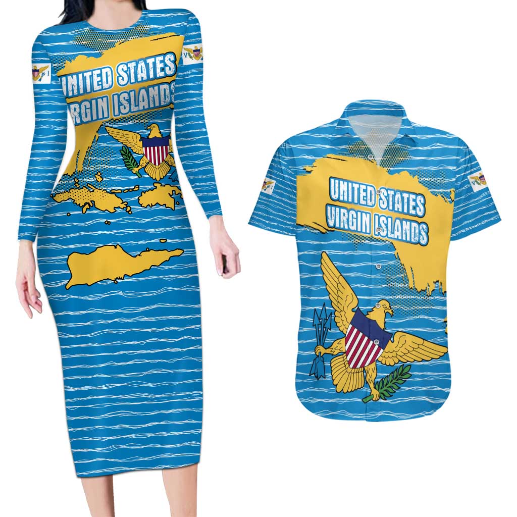 United States Virgin Islands Couples Matching Long Sleeve Bodycon Dress and Hawaiian Shirt with Blue Yellow Ocean Design and Eagle Map Pattern - Wonder Print Shop