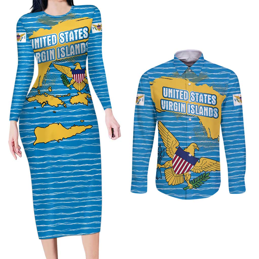 United States Virgin Islands Couples Matching Long Sleeve Bodycon Dress and Long Sleeve Button Shirt with Blue Yellow Ocean Design and Eagle Map Pattern - Wonder Print Shop