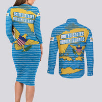 United States Virgin Islands Couples Matching Long Sleeve Bodycon Dress and Long Sleeve Button Shirt with Blue Yellow Ocean Design and Eagle Map Pattern - Wonder Print Shop