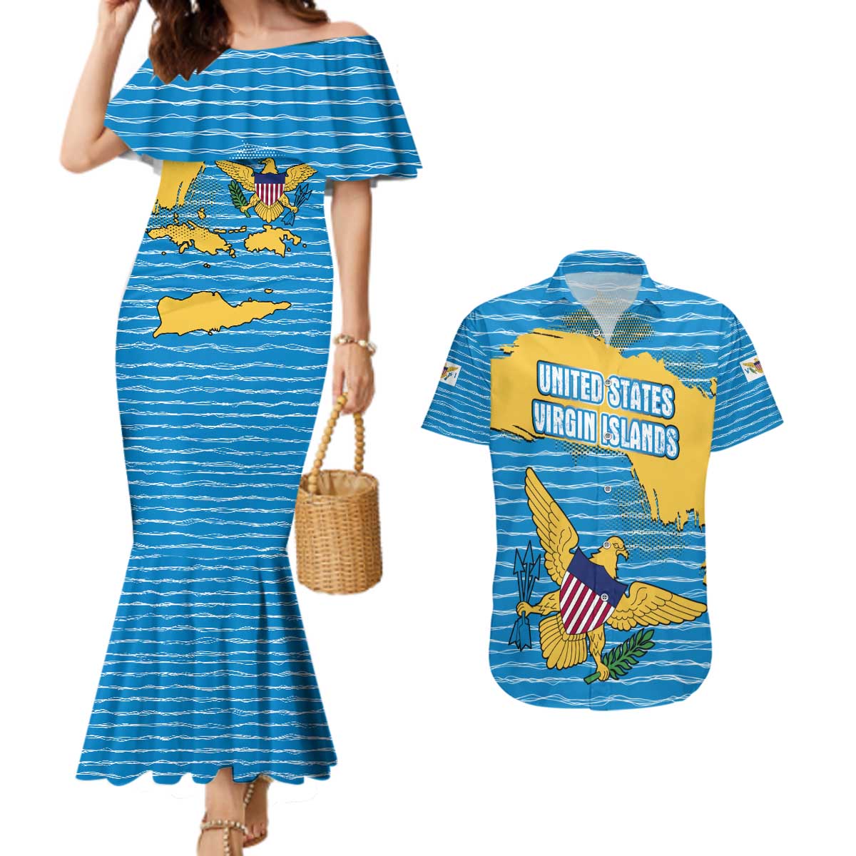 United States Virgin Islands Couples Matching Mermaid Dress and Hawaiian Shirt with Blue Yellow Ocean Design and Eagle Map Pattern - Wonder Print Shop