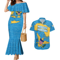 United States Virgin Islands Couples Matching Mermaid Dress and Hawaiian Shirt with Blue Yellow Ocean Design and Eagle Map Pattern - Wonder Print Shop