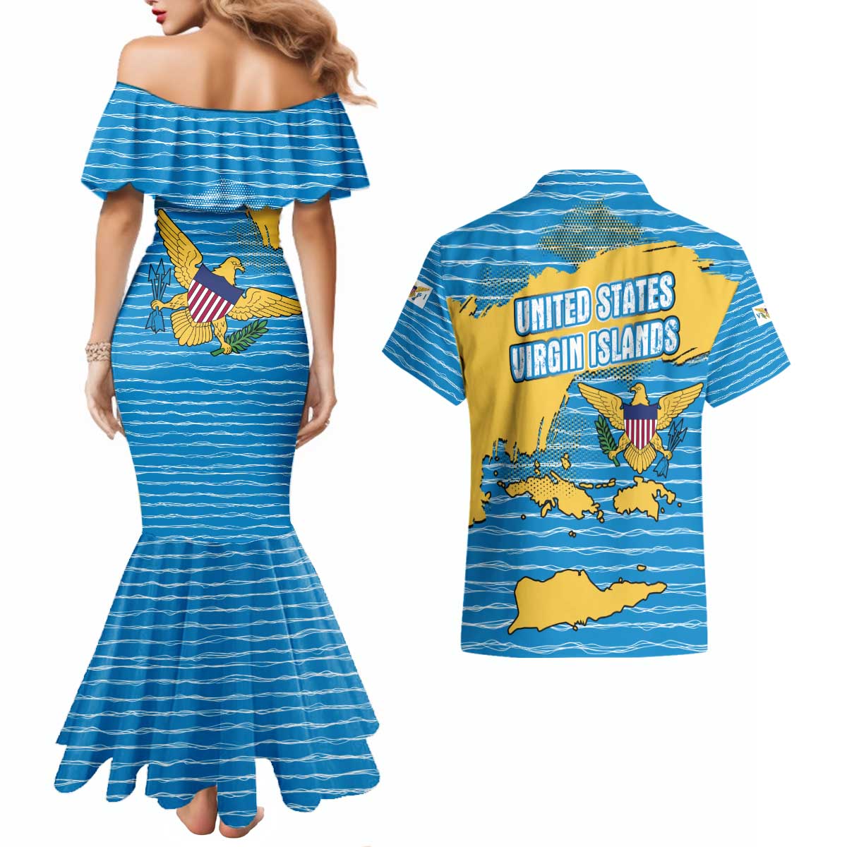 United States Virgin Islands Couples Matching Mermaid Dress and Hawaiian Shirt with Blue Yellow Ocean Design and Eagle Map Pattern - Wonder Print Shop