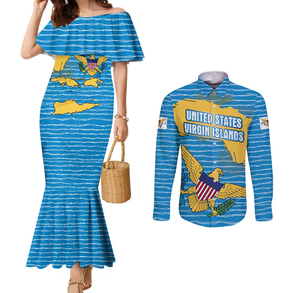 United States Virgin Islands Couples Matching Mermaid Dress and Long Sleeve Button Shirt with Blue Yellow Ocean Design and Eagle Map Pattern - Wonder Print Shop
