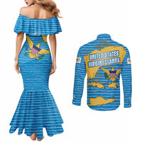 United States Virgin Islands Couples Matching Mermaid Dress and Long Sleeve Button Shirt with Blue Yellow Ocean Design and Eagle Map Pattern - Wonder Print Shop