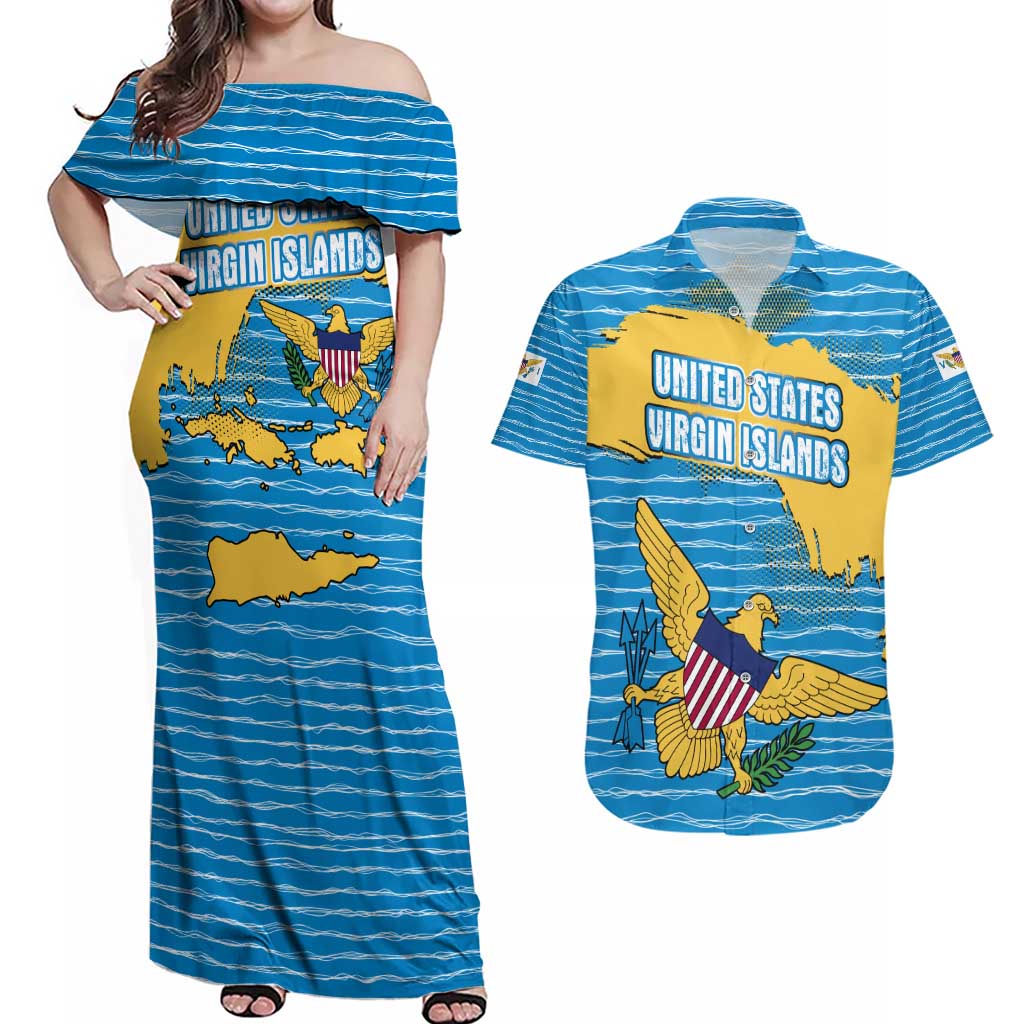United States Virgin Islands Couples Matching Off Shoulder Maxi Dress and Hawaiian Shirt with Blue Yellow Ocean Design and Eagle Map Pattern - Wonder Print Shop