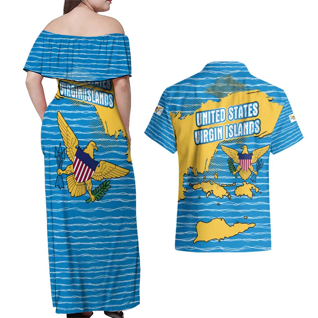 United States Virgin Islands Couples Matching Off Shoulder Maxi Dress and Hawaiian Shirt with Blue Yellow Ocean Design and Eagle Map Pattern - Wonder Print Shop