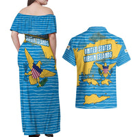 United States Virgin Islands Couples Matching Off Shoulder Maxi Dress and Hawaiian Shirt with Blue Yellow Ocean Design and Eagle Map Pattern - Wonder Print Shop